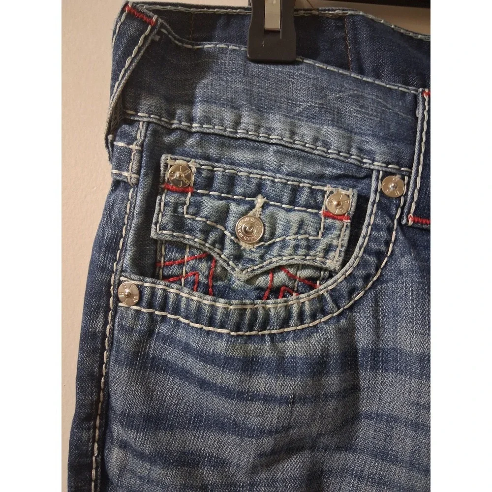 True Religion Section Straight Mens Jeans Size 31 Distressed Patchwork BlueDenim